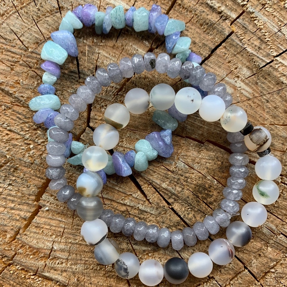 Agate Grey, Amazonite, Marine Agate Stack Bracelet